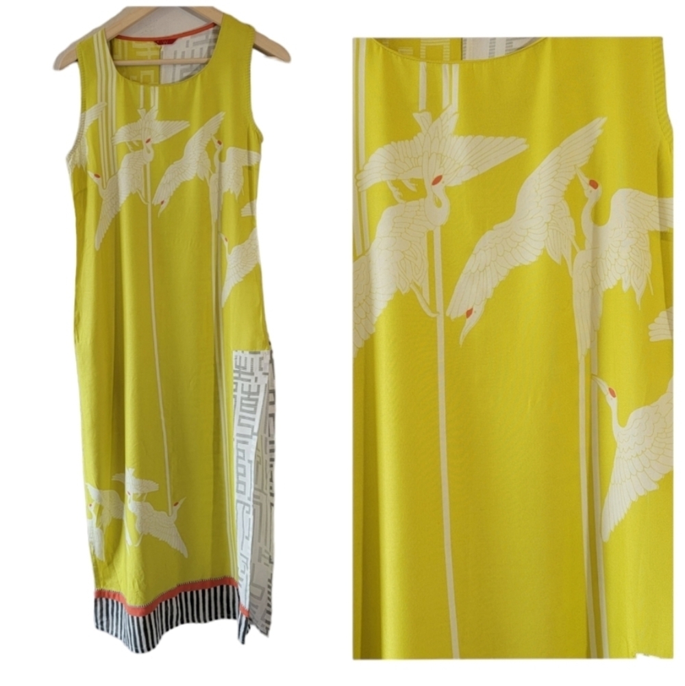 W Woman Primted Straight Kurta Sz 10 Yellow White Birdies Indian Pakistan Tunic - Picture 3 of 12
